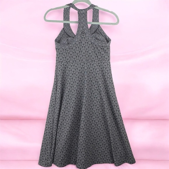 Prana Black & Gray Babydoll Geo Patterned Midi Halter Dress Built In Bra Small - Picture 2 of 9